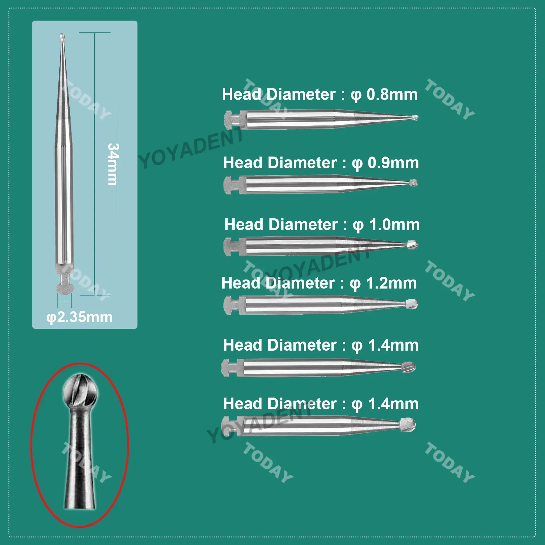 Onda carboneto burs morangos ra 2.35mm cabeça de bola redonda para contra ângulo de baixa velocidade 5 unidades/pacote