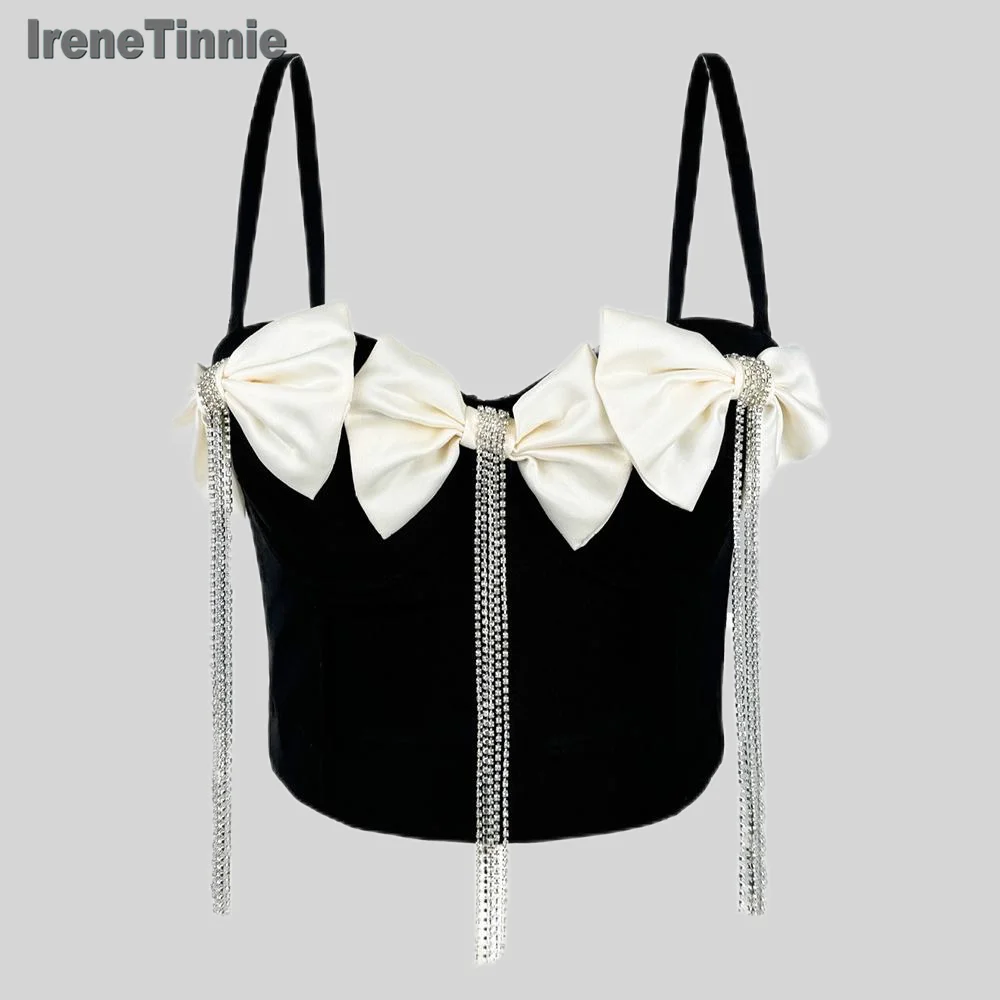 IRENE TINNIE Fashion Backless Corset Lady Bow Rhinestone Tassel Crop Top Sexy Women Camisole Bustier Party Tank Tops 2025