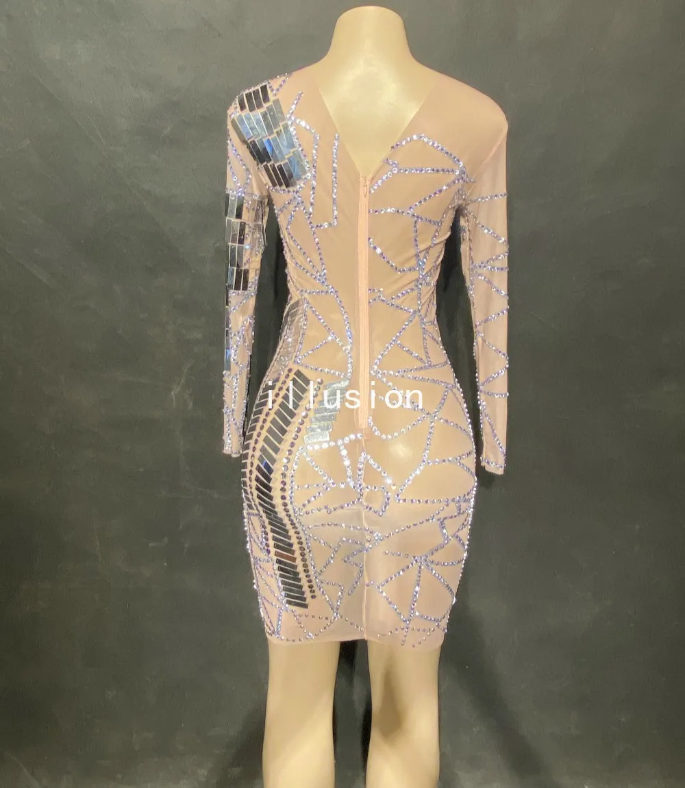 Seksowne świecące cyrkonie srebrne lustra sukienka siatkowa prześwitująca sukienka damska impreza urodzinowa świętuj sukienka kostium taneczny dla piosenkarza