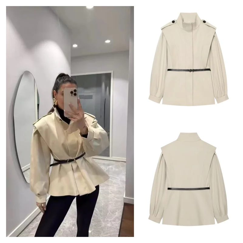 Women's Cape Shoulder Trench Coat Stand Collar Lantern Long Sleeve Belt Waist Slim Fit Windbreaker Casual Outer Coat Fall Winter
