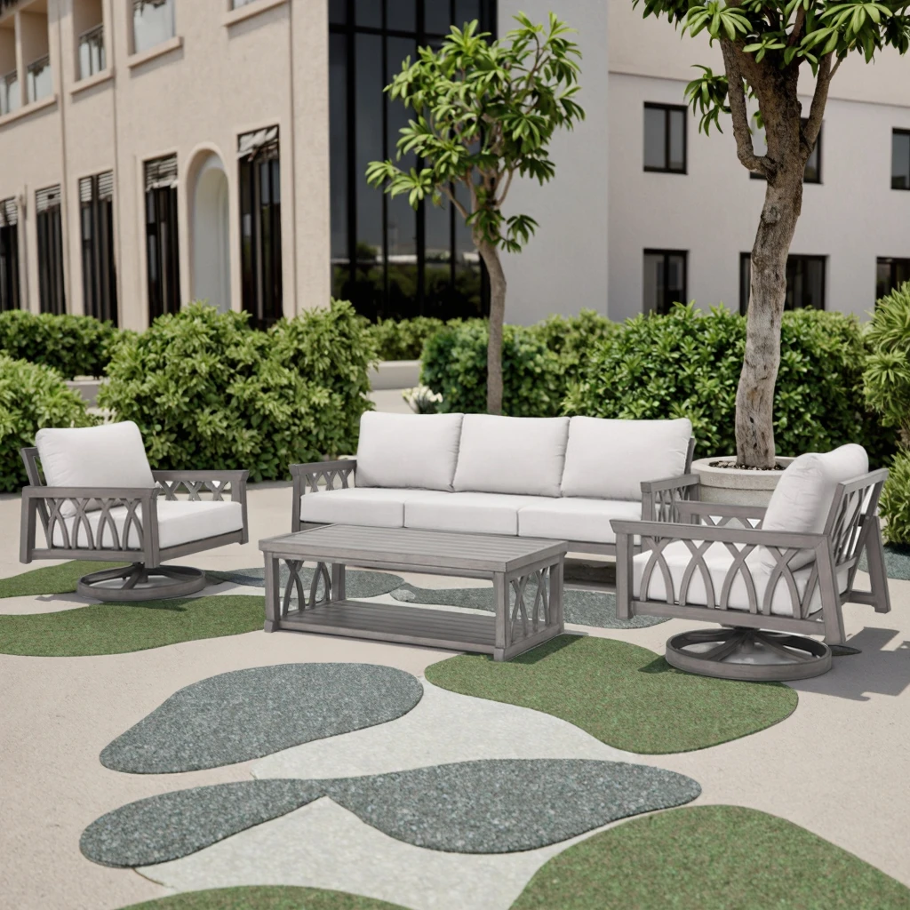 

4PC Aluminum Sectional Garden Set for Outdoor Includes Swivel Garden Chair Washable Fabric Cushions Storage Table for Hotels