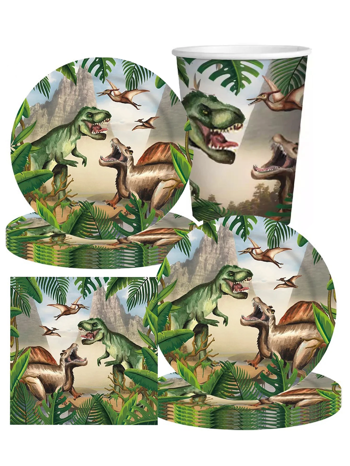 Suministros para fiesta de cumpleaños Tyrannosaurus Rex con temática Jurásica: platos, tazas, servilletas