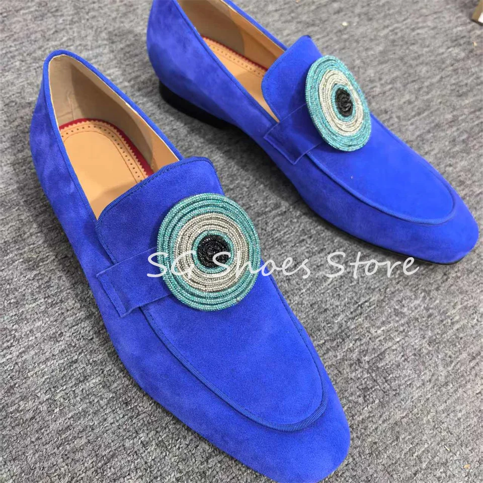 

Retro Blue Genuine Leather Loafers for Men Detachable Decoration Business Wedding Shoes Male Shallow Flats Casual Derby Shoes