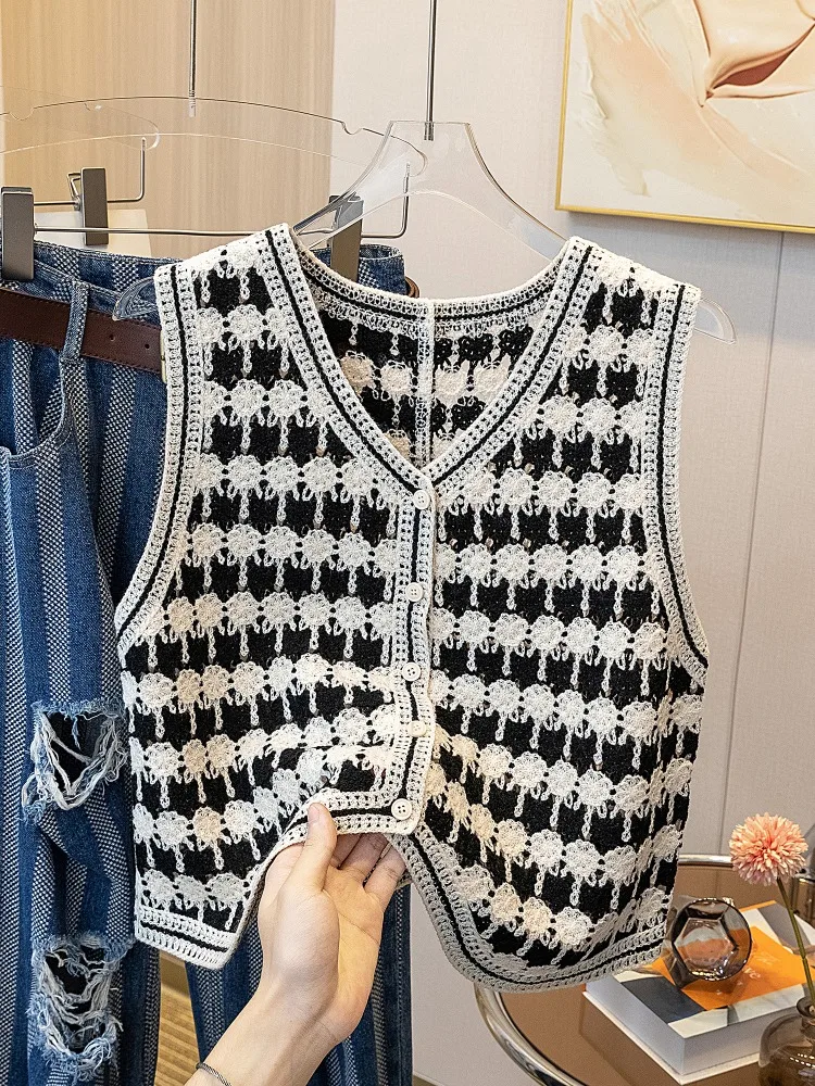 

plus Size Women's Loose Slimming Vintage Top Summer New Style Hook Flower Vest Ethnic Style Commute Wind Single Button Striped