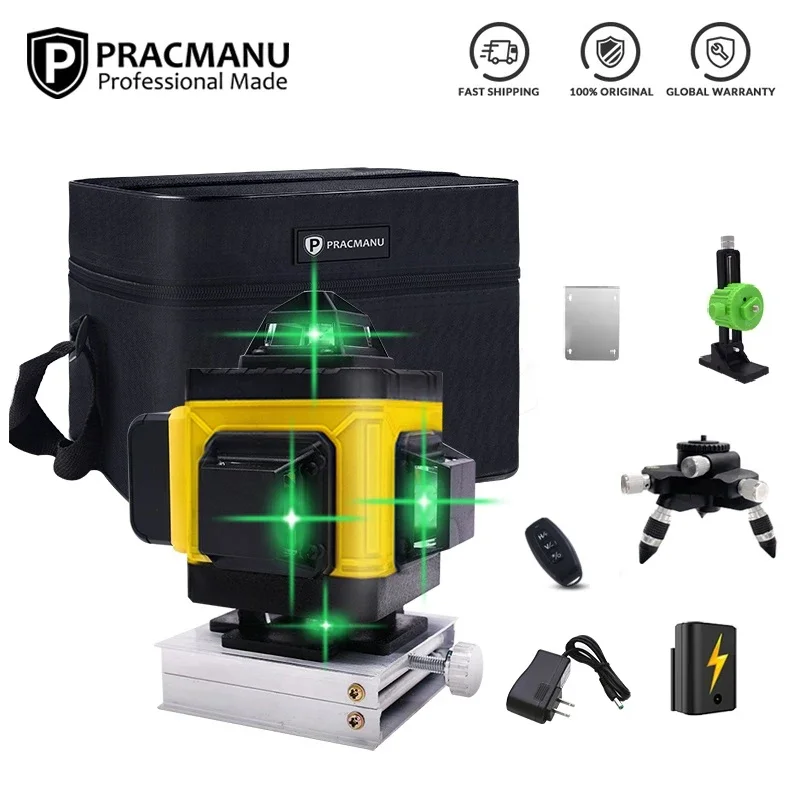 Pracmanu 16-liniowa poziomica laserowa 4D Pozioma i pionowa linia krzyżowa Zielona wiązka 360 ° Samopoziomująca poziomica laserowa z pilotem