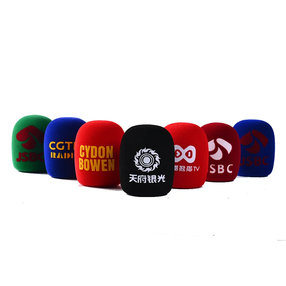 Customized Logo Flocking Mic Round Sponge Printing Covers  Interview Portable Microphone Cap Foam For TV Stations Reporters