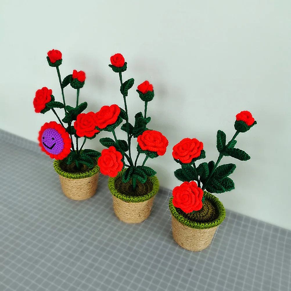 

1pc Simulation Flowerpot Knitted Wool Potted Plant Decor Indoor Home Office Garden Decoration Red Eco Friendly Fine
