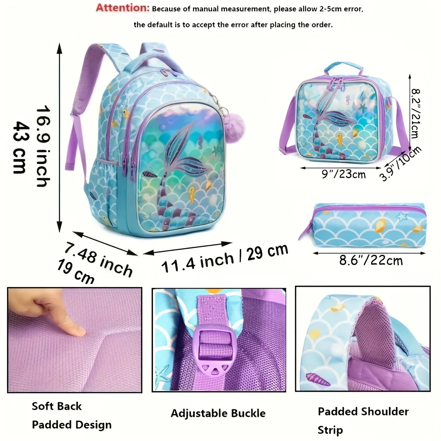 Ensemble de sac à dos scolaire étanche pour enfants avec sac à lunch, étui à crayons, sacs à dos sirène pour filles, sac de livre pour enfant