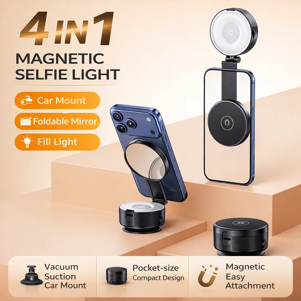 

3 in 1 Magnetic Selfie Light with Mirror Vacuum Car Phone Mount 3 Color Dimmable LED Fill Light 5200mAh Portable