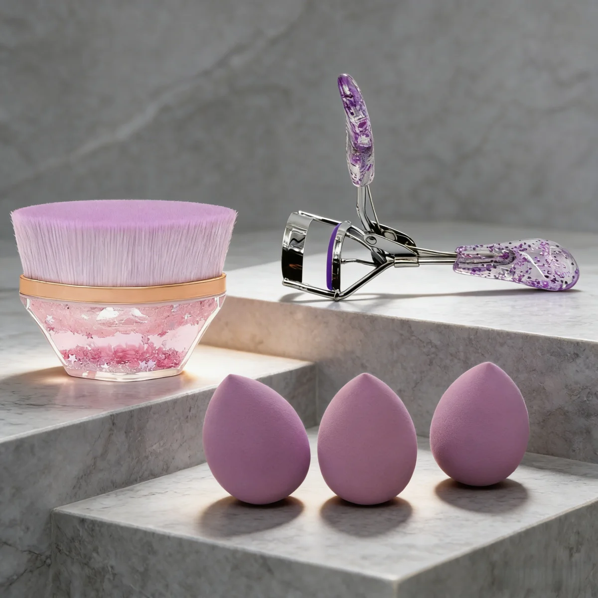 Conjunto de Ferramentas de Maquiagem, Kit de Maquiagem Roxo com 5 Peças, Incluindo Pincel para Base, Curvador de Cílios, Esponja de Beleza, Ferramenta Cosmética Profissional