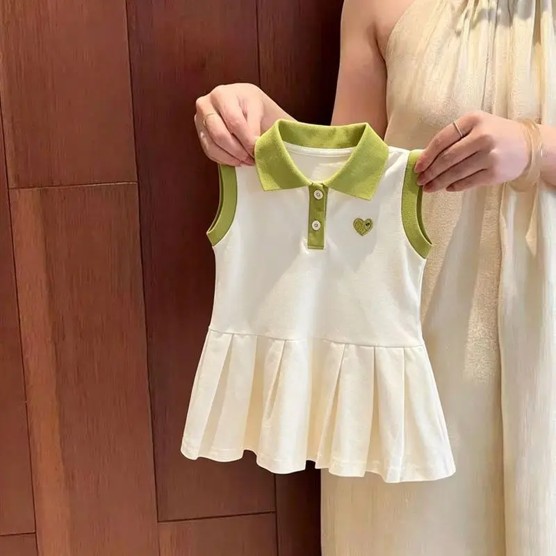 Girls Summer Dress New Fashion Kids Heart Embroidery Colorblock Collar Princess Sleeveless Tank Dress Toddler Clothing