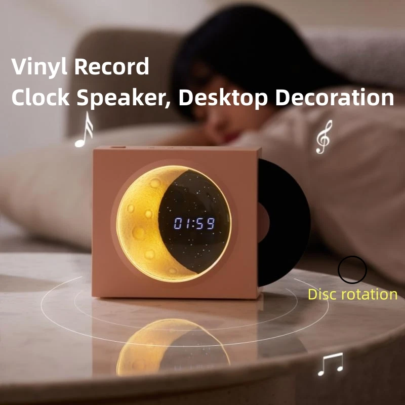 Wireless Clock Speaker Bluetooth 5.0 Stereo Music player Desktop decor Moon Light vinyl record shape rotatable support TF card