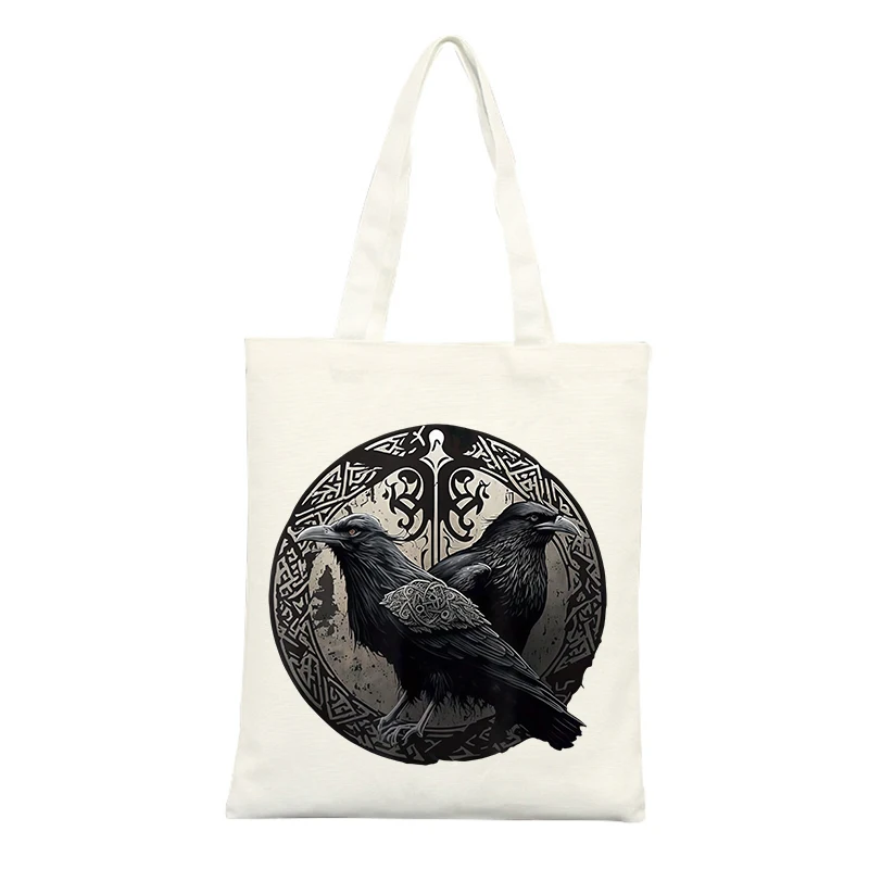 Canvas Tote Bag with Raven and Norse-inspired Pattern, Ideal for Casual Daily Use and Weekend Outings