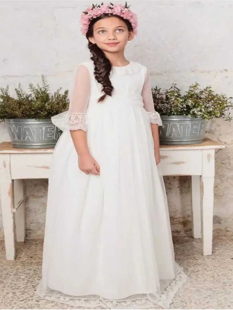 مع فيونكة بيضاء نصف كم لحفلات الزفاف وأعياد الميلاد وحفلات التواصل المقدس فساتين الأميرة زهرة فتاة فساتين الدانتيل الأبيض يزين