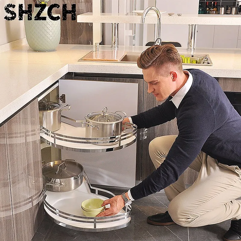 60KG Load-Bearing Kitchen Corner Pull-Out Basket Rotating Pot Storage Rack