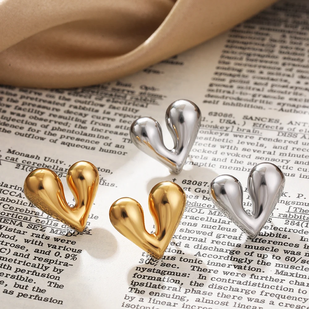 Chunky PVD Stainless Steel Split Heart Dome Stud Earrings 18K Gold Plated Rust Proof Geometric Glossy Ear Buckle Bijoux Серьги