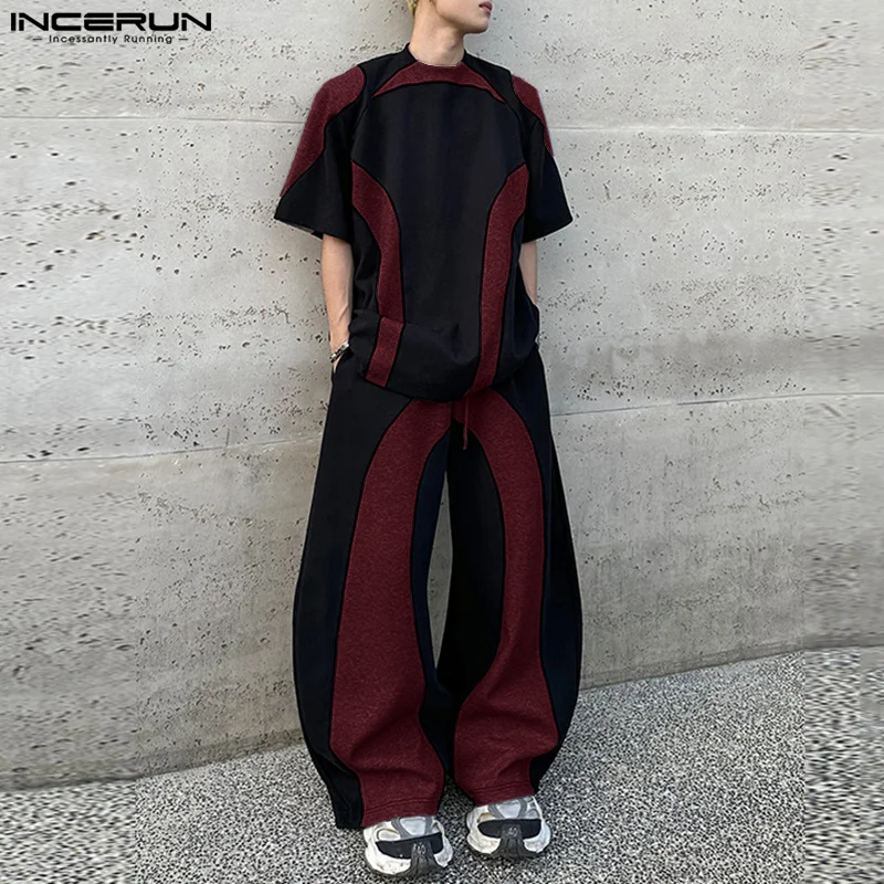 Fashion New Men Sets INCERUN 2024 Short Sleeve T-shirt Wide Leg Pants Casual Streetwear Personality Splicing Two Piece Sets 2024