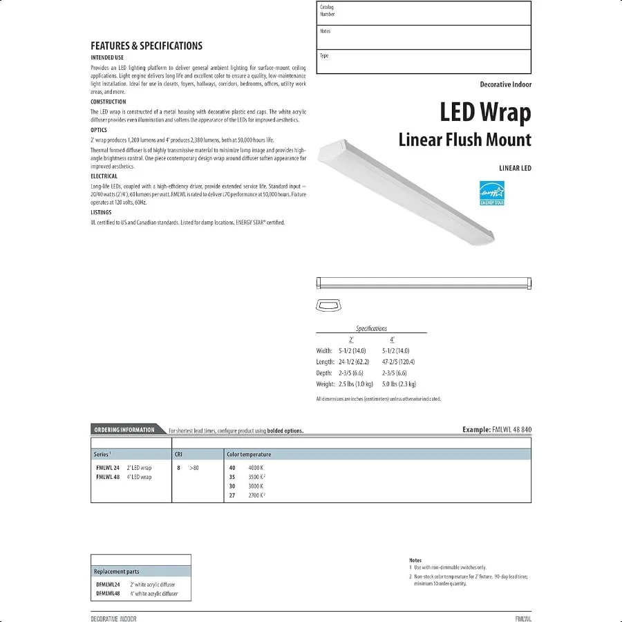 4 Foot LED Light Fixture LowProfile LED Wraparound Flush Mount Ceiling Light 3000K Warm White 120V 48Inch FMLWL 48 830