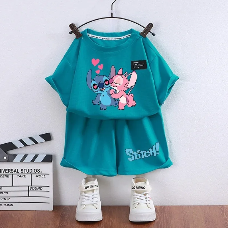 New 100-160cm Cartoon Stitch Print Boys Girls T Shirt Summer Children Kids Clothes Shorts Sleeve O-Neck Disney Tops Tees Suit