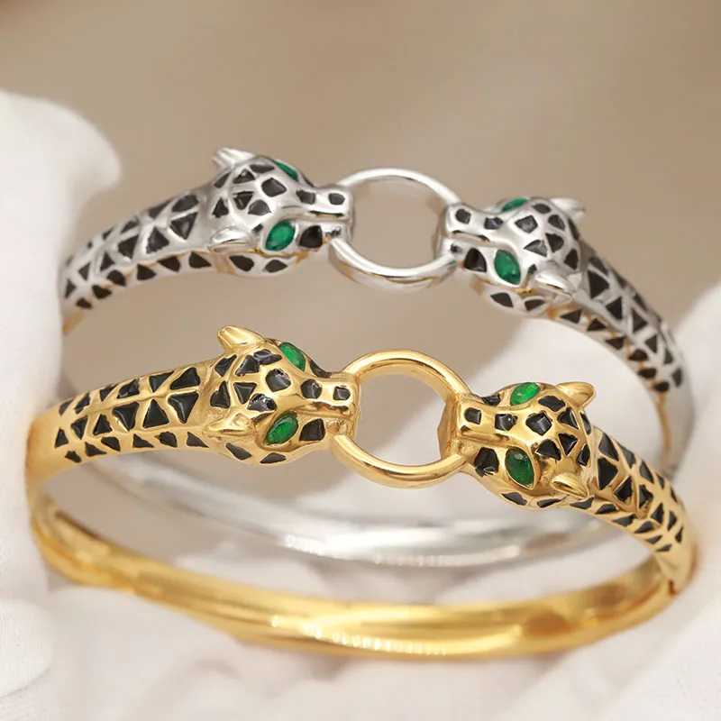 316L Classic Stainless Steel Metal Crystal Leopard Bangles for Women Elegant Bangles Rust-proof Animal Bracelets Wrist Jewelry