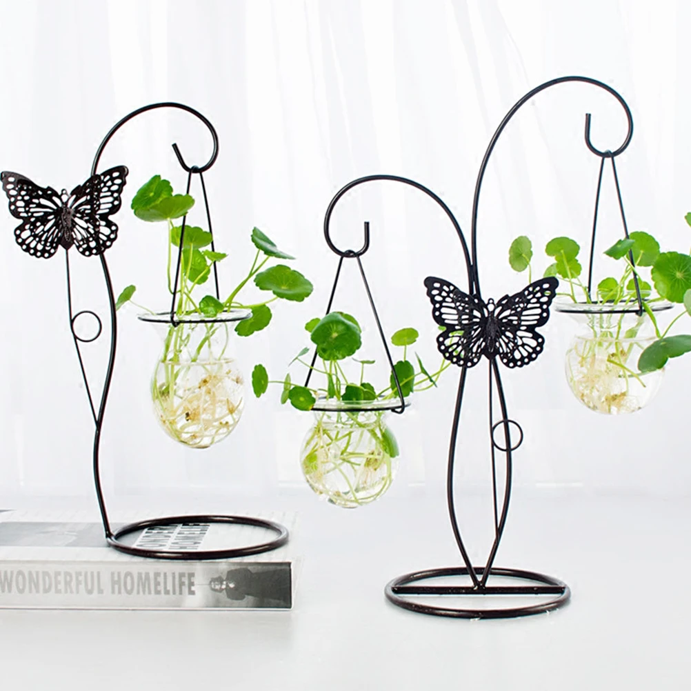 

1Pcs Butterfly Water Planting Vase Iron Crafts Wrought Iron Hanging Glass Bottle Sturdy Base Easy to Use for Various Plants