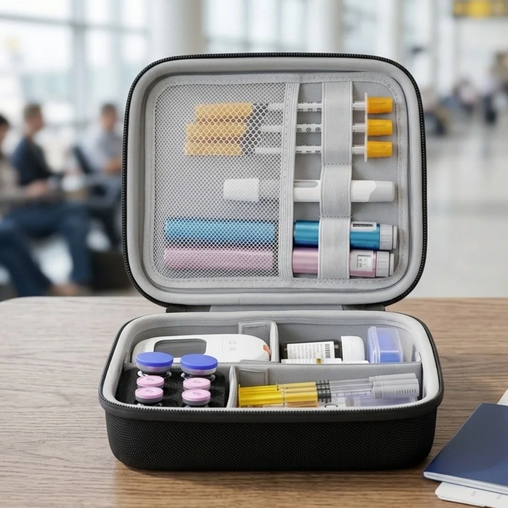 Sturdy EVA Travel Case for Diabetic Supplies Featuring Adjustable Dividers to Securely Store Insulin Pens Test Kits and Monitors