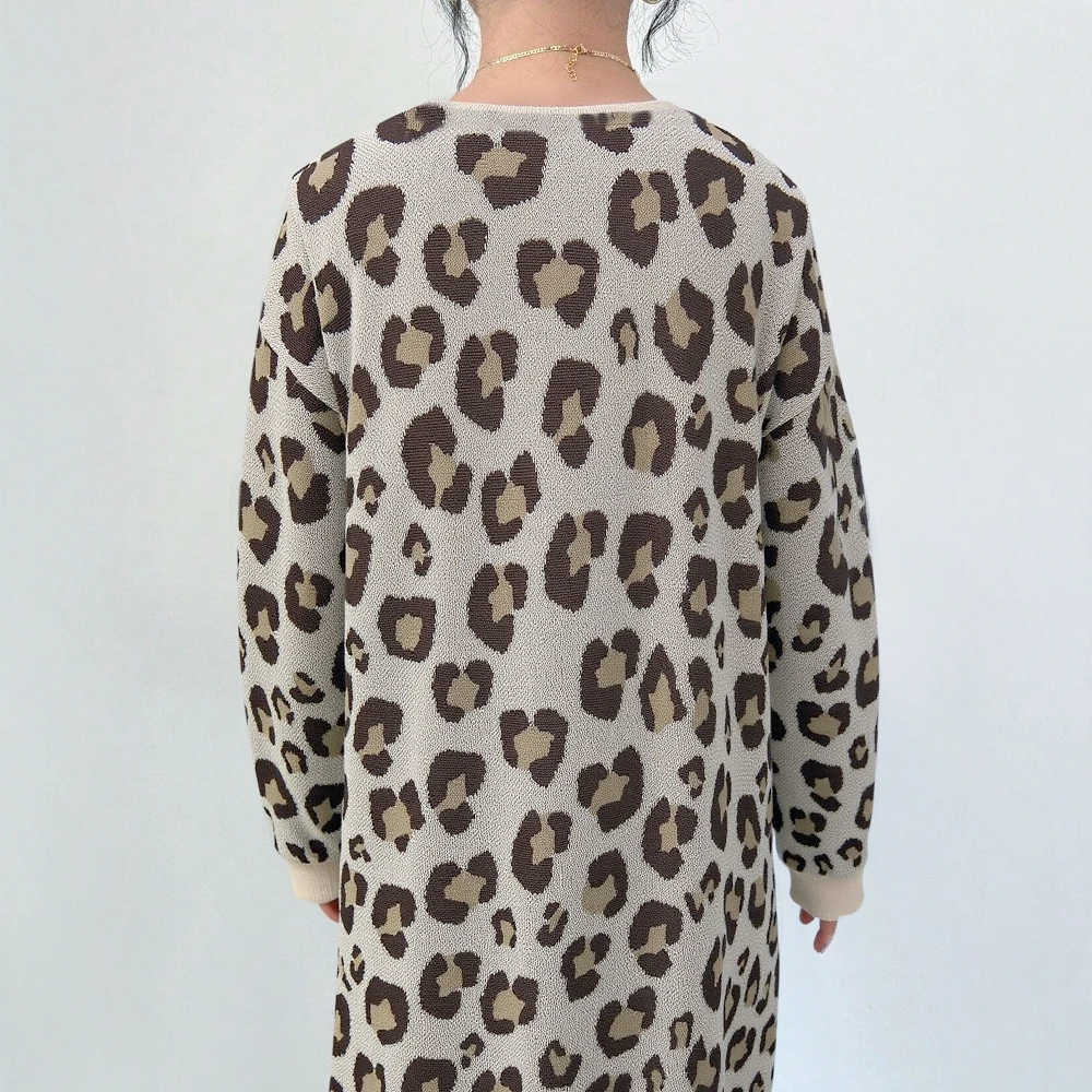 Autumn Winter Leopard Print Open Cardigan Long Knitted Sweater Women's Fashion Outerwear