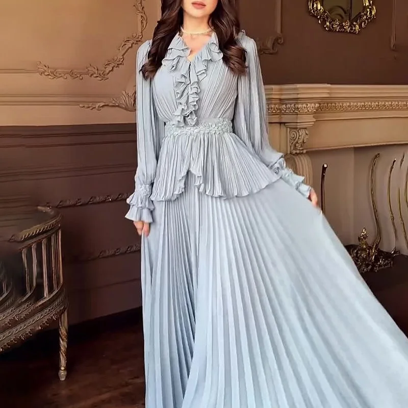 맞춤형 우아한 쉬폰 a 라인 프릴 진주 단추 아플리케 이브닝 드레스 고품질 긴 소매 연예인 가운