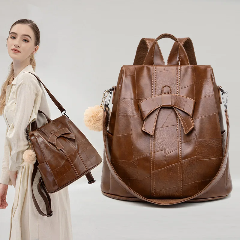 Retro Bow Women Backpacks Leather Girl's School Bags Anti Theft Ladies Travel Bags Female Shoulder Bags