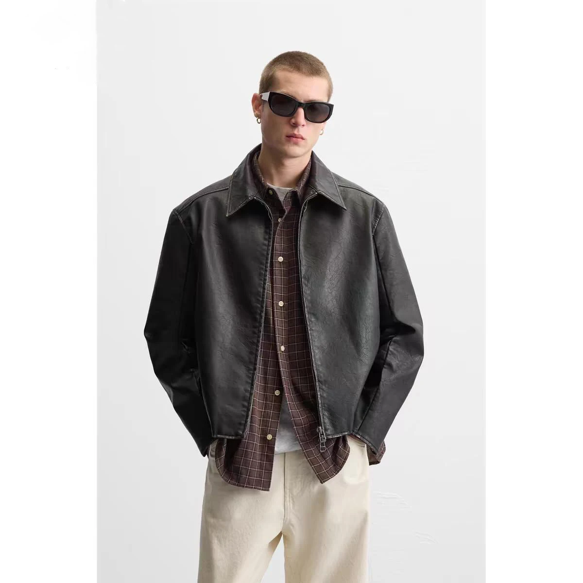 

Waed Faux Leather ort Jaet Zipper Closure Men's Casual Spring Outerwear Simple Design Long Sve Flip Collar Coat