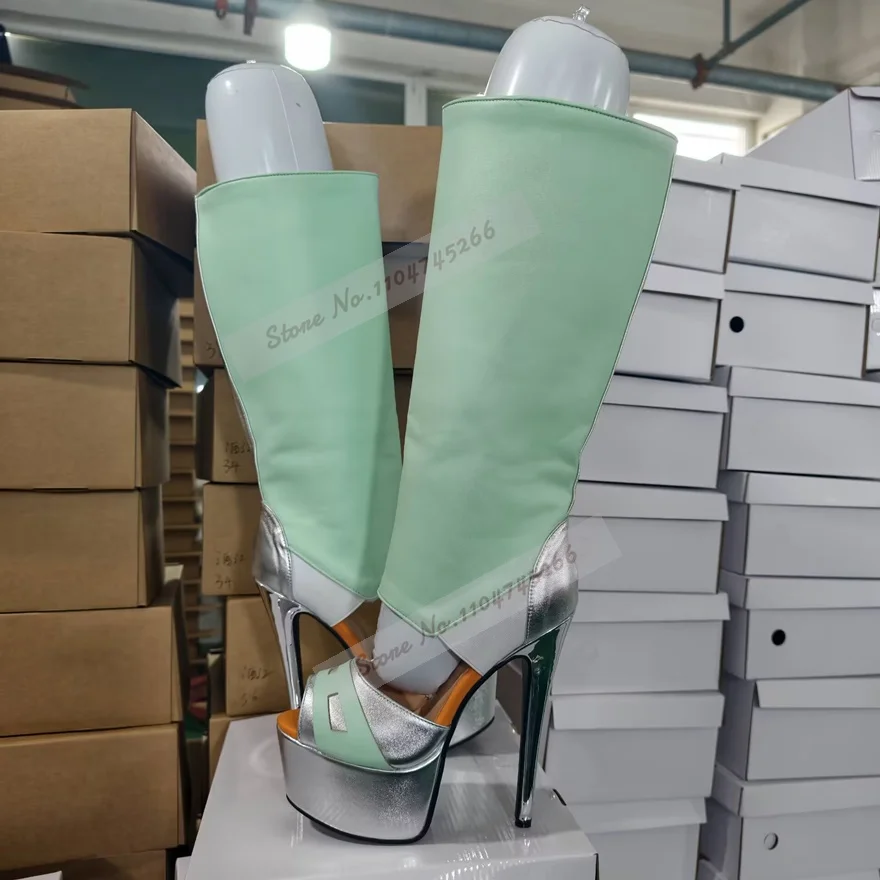 

silver thin high heel mint green knee high sandal boots New color platform hollow out patchwork cool boots elegant dress shoes
