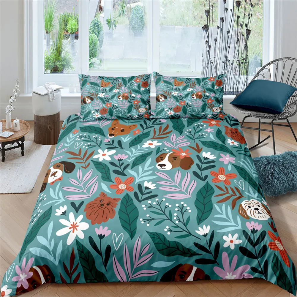 Kids Cartoon Animal Flowers King Queen Duvet Cover Cat Tropical Plants Bedding Set Floral Comforter Cover Polyester Quilt Cover