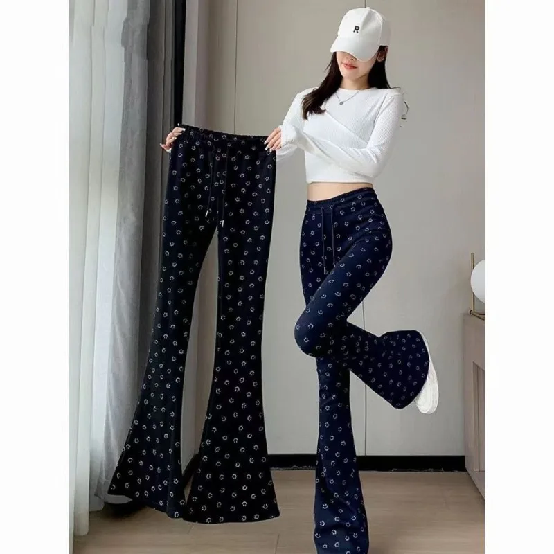 Print Smile Street American Preppy Style Women Y2k Trousers Flare Pant Casual Navy Wide Leg Loose Ankle-Length Pants High Waist