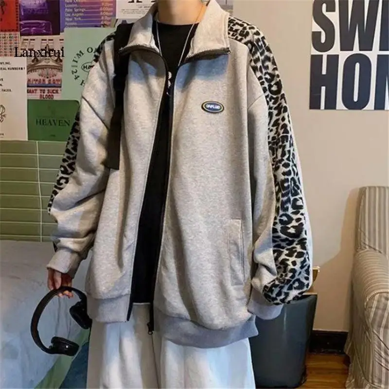 

Men Autumn New Arrival Fashion Leopard Print Patchwork Turn-down Collar Jacket Loose Outerwear Male