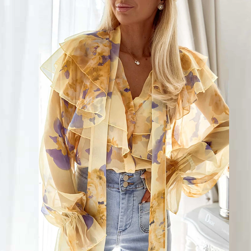 

Новая повседневная свободная блузка-топ из шифона с V-образным вырезом и длинными рукавами, офисная футболка, весна-лето 2026, с рюшами, женская рубашка