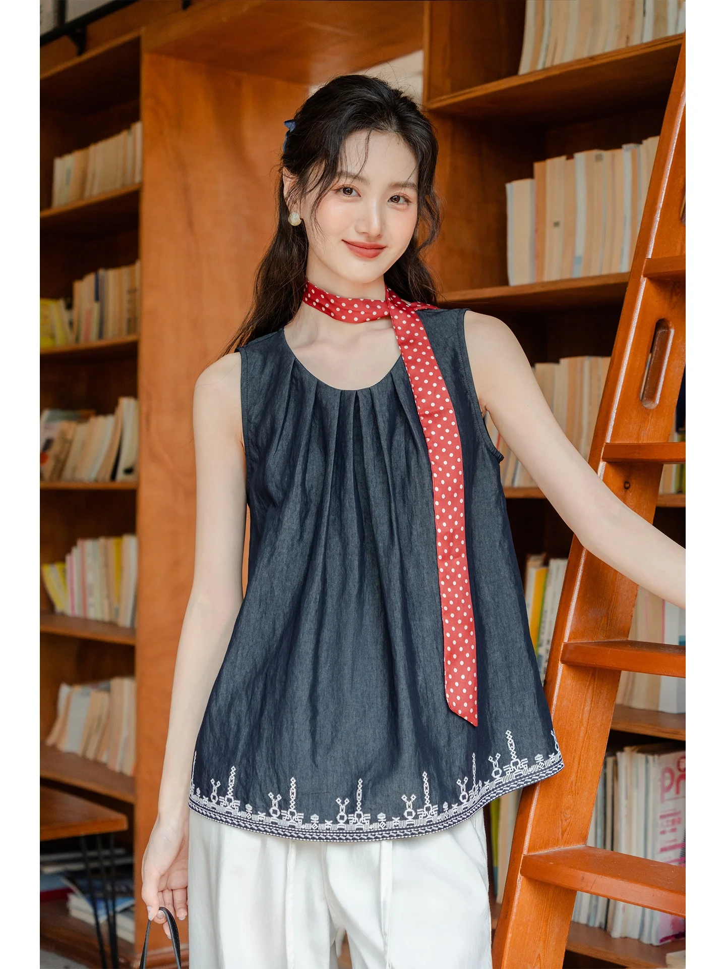 

Ele Embroidered Denim Vest Strap Women's Summer New Outerwear Svel Top Commute Sle Loose Fit Thin Fabric Pure Color