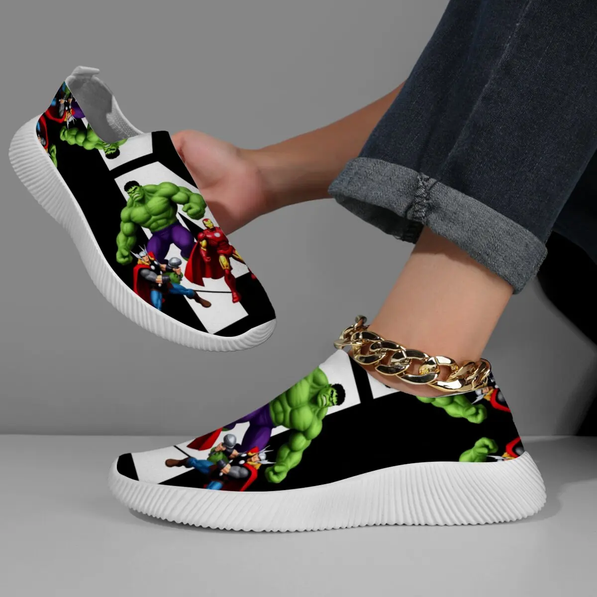 

Повседневная обувь, кроссовки без шнуровки с принтом Marvel Hulk Thor для женщин, кроссовки, дышащие удобные спортивные прогулочные туфли на плоской подошве