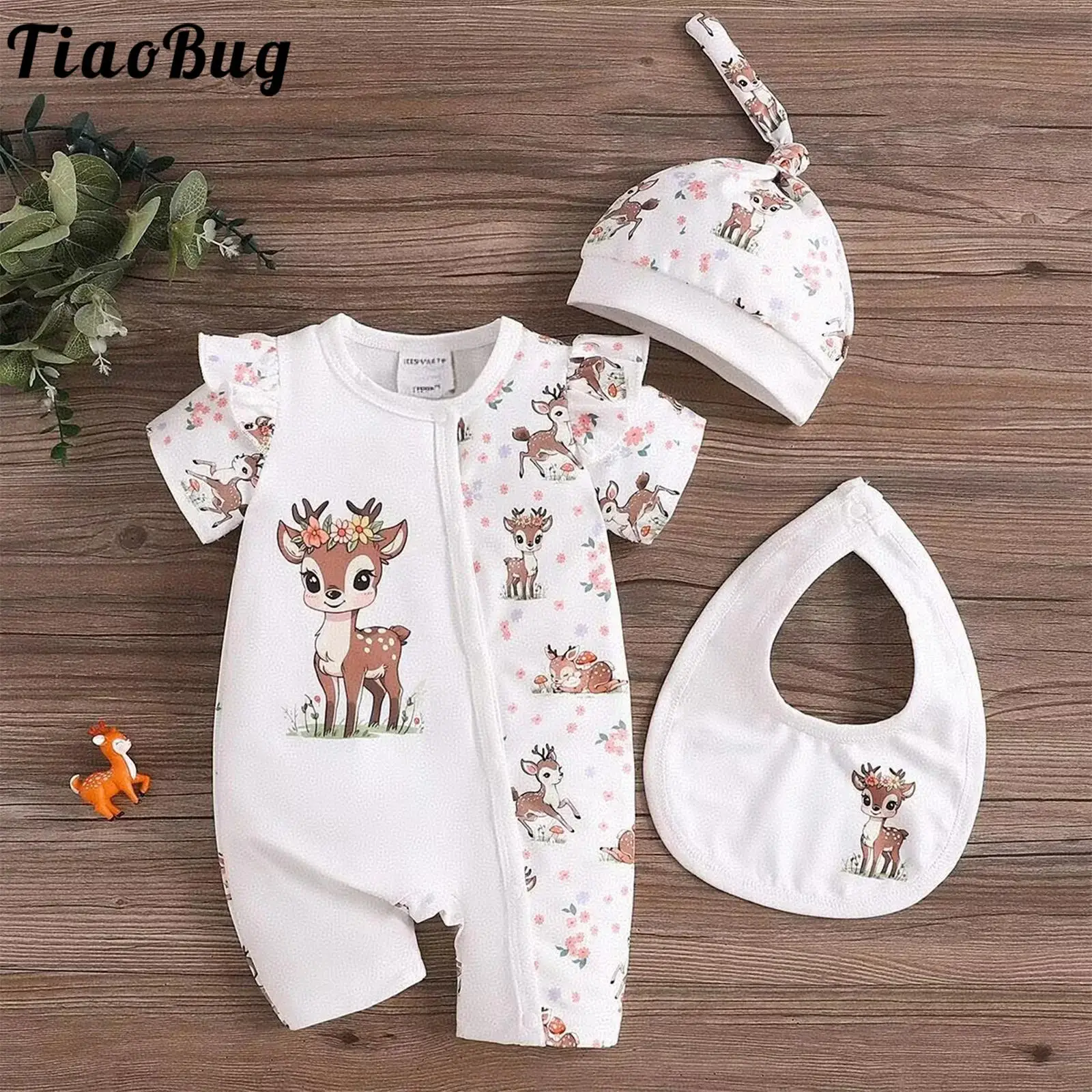 

Одежда для маленьких девочек, наряды для выписки из роддома, комбинезон с короткими рукавами, застежками-кнопками и принтом оленя, с нагрудником и шапочкой для фотосессий на выписку из роддома