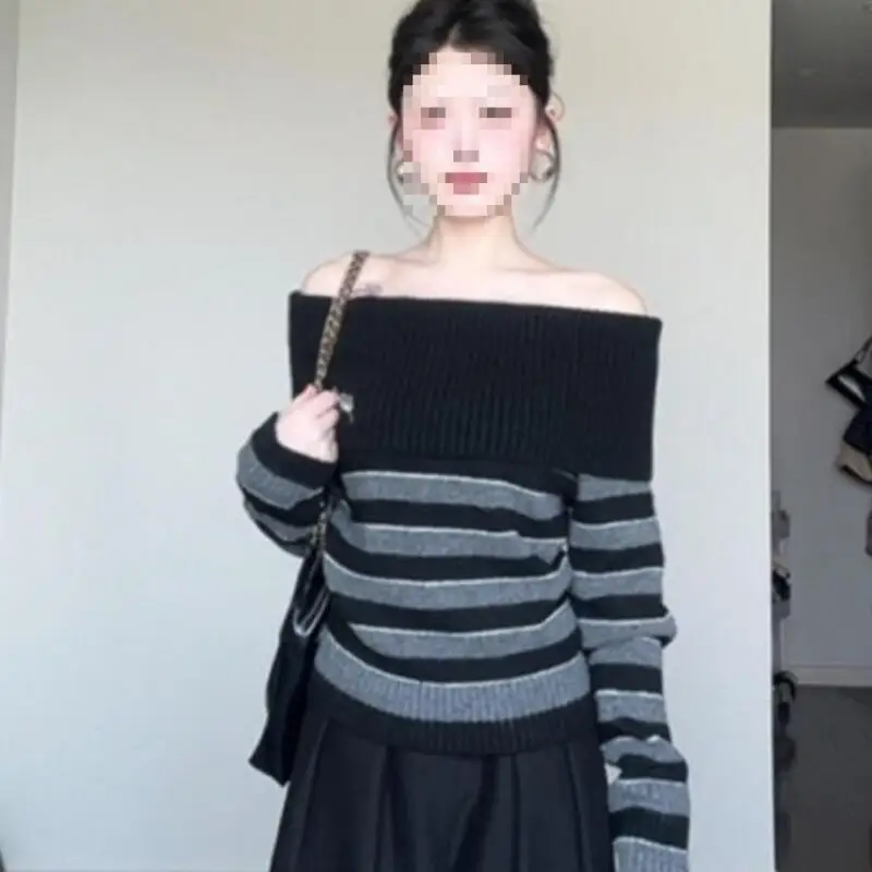Eleganter grau gestreifter Retro-Damenpullover, bestickt, langärmelig, schulterfrei, koreanischer Stil, Strickpullover, lässige Mode
