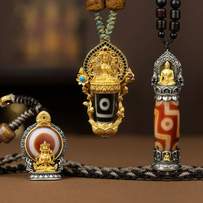 New Nine-Eye Dzi Bead Pendant, Tibetan Six-Word Mantra, Lucky Amulet for Men & Women