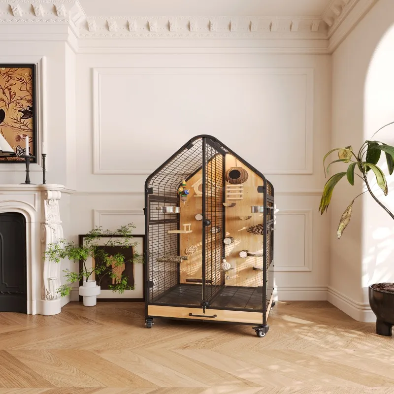 

Luxury Parrot Villa Large Space Bird Cage Movable Solid Wood Iron Glass Panoramic Parrot Bird Nest
