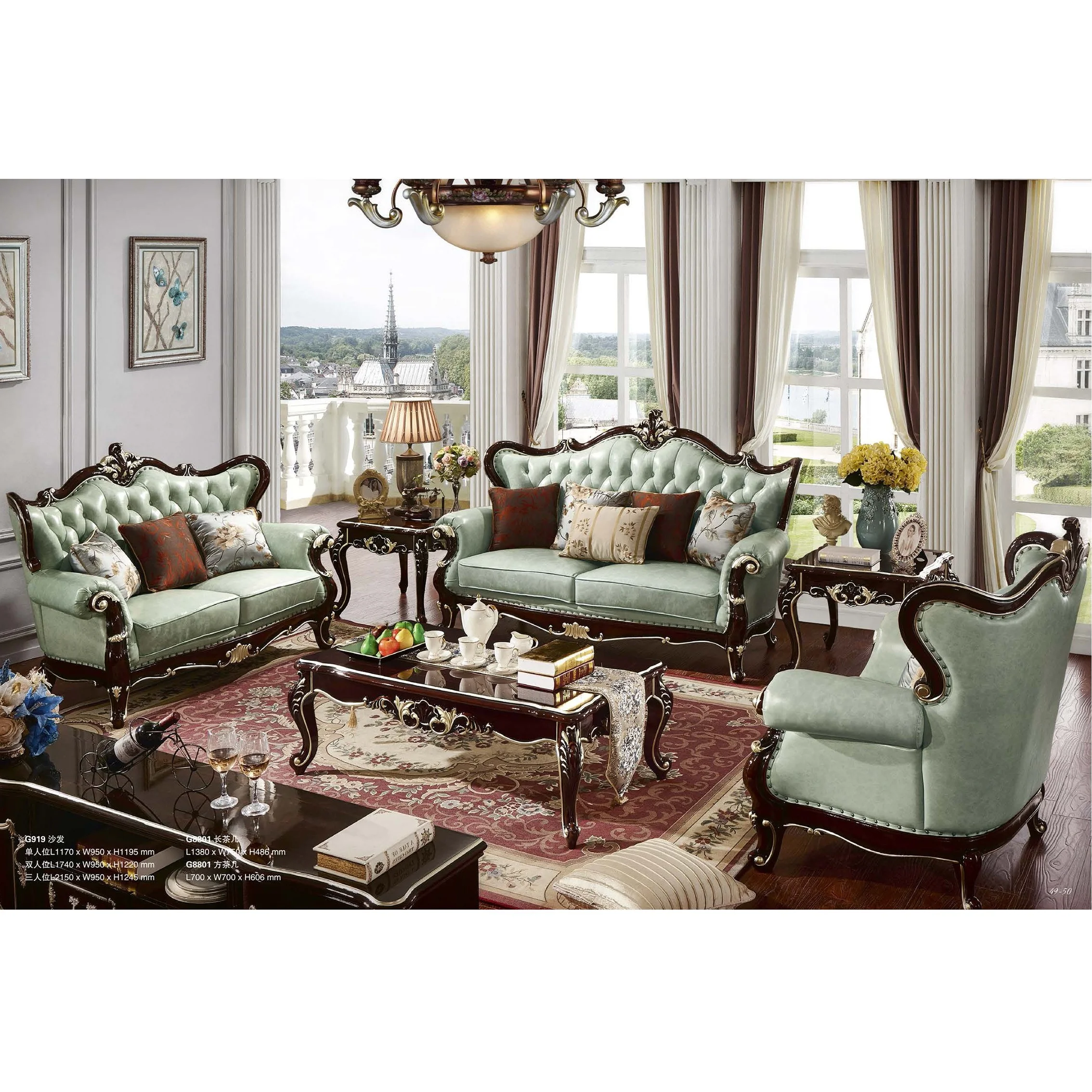 

*# French Luxury Classic Home Furniture Living Room Couch Carved Wood Frame Leather Upholstered 1 2 3 Seats Sectional Sofa