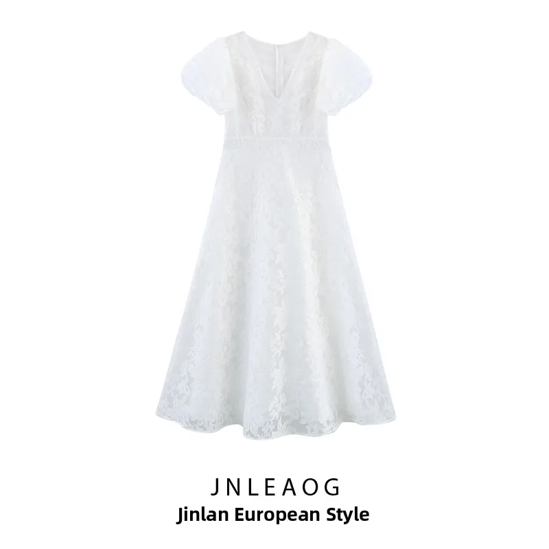 우아한 허리 조임 버블 슬리브 브이넥 드레스 가을 신상 여성 패션 드레스 JNLEAOG 공주 스타일 요정 스커트