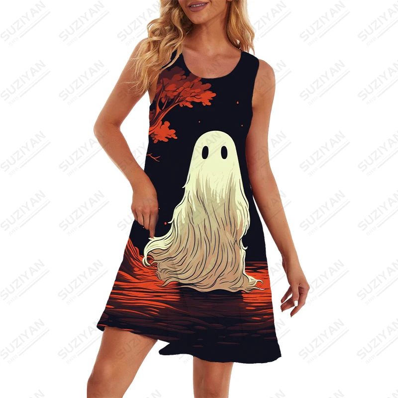 Summer Loose Casual Round Neck Pullover Dress Fashion Sleeveless Ghost 3D Printed Dress Soft Large Size Street Goth Dress