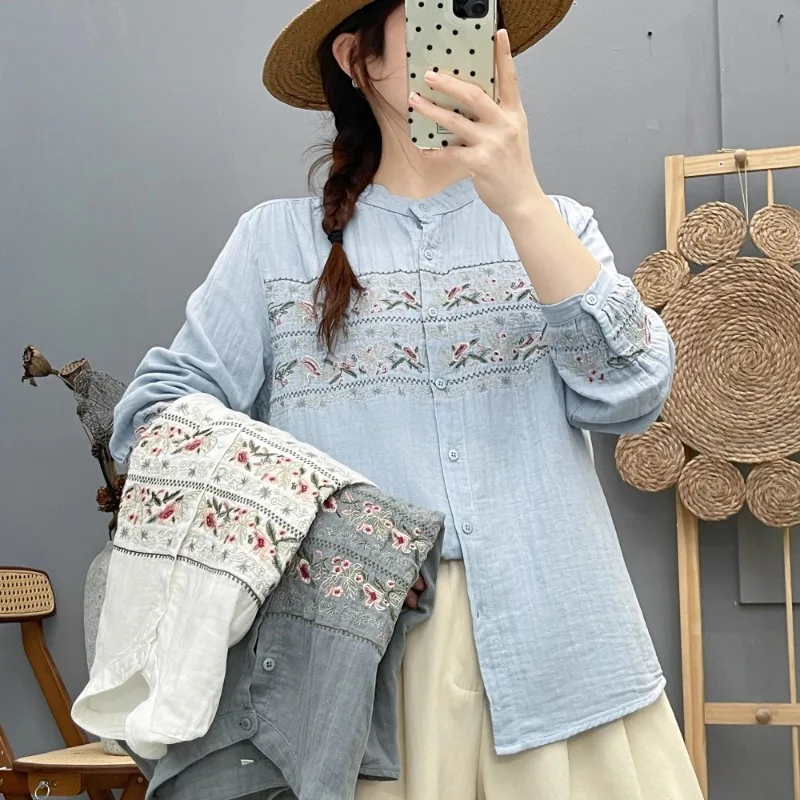 Literary Retro Ethnic Style Embroidered Stand Collar Long-sleeved Shirt 2025 Autumn New Loose Top