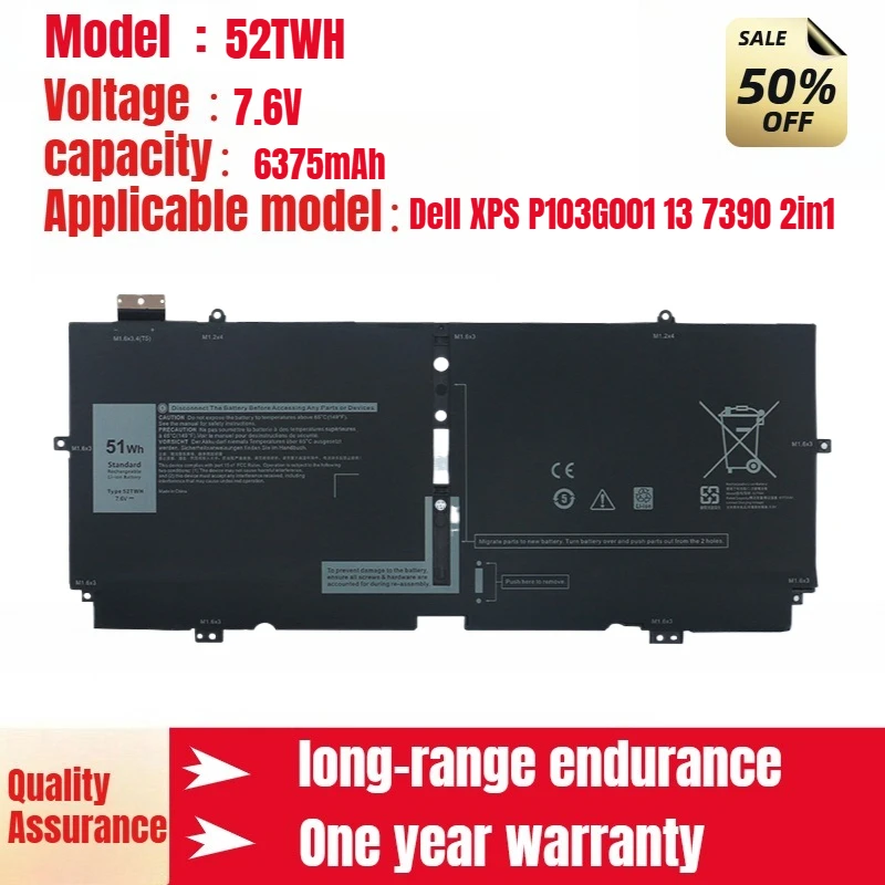 

For Dell XPS P103G001 13 7390 2in1 Battery 52TWH XX3T7 Laptop Battery 7.6V 6375mAh