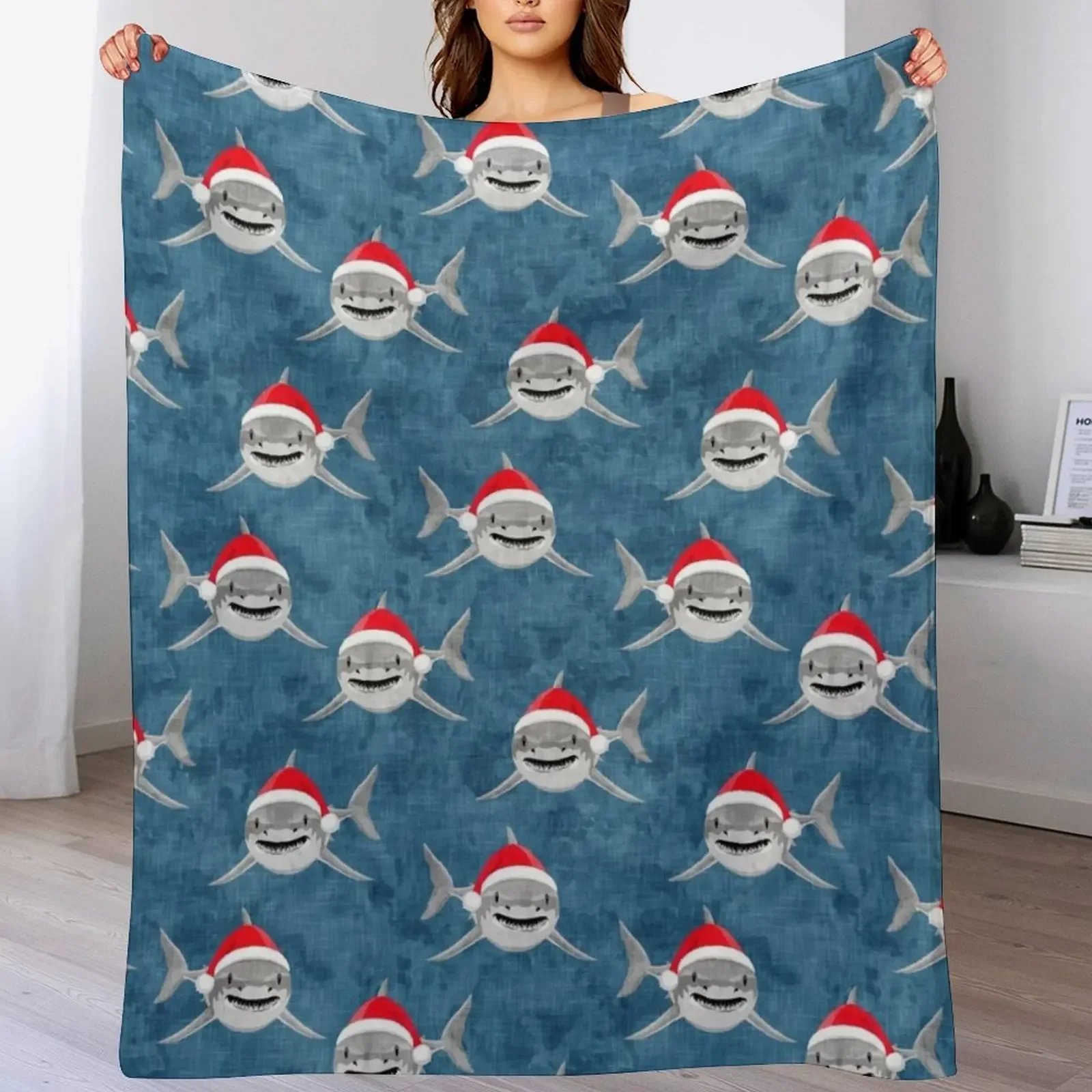 

Santa Sharks - blue - Christmas shark Throw Blanket christmas decoration Retros Personalized Gift Blankets