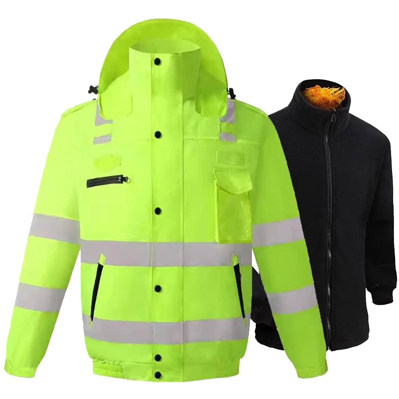 High Visibility Jacket Men Waterproof Warm with Detachable Fleece Linner Reflective Jacket Winter for Outdoor Work