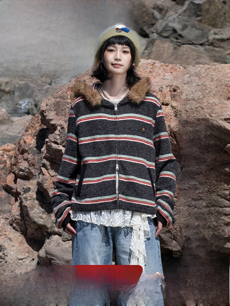 

Кардиган с капюшоном Saoe Pastoral Series в полоску с кроличьим мехом, женская свободная верхняя одежда, пальто