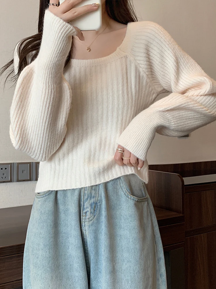 Herbst Winter Lose Frauen Pullover Casual Weiche Lange Puff Sleeve Pullover Jumper Strickwaren Grundlegende Pullover Für Frauen Tops – Detail 9